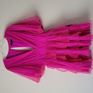 Lulus Women's Dramatic Poise Hot Pink Dot Tulle Puff Sleeve Tiered Mini …